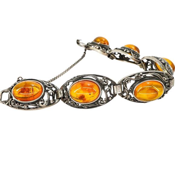 Sterling Silver Filigree Bracelet Baltic Amber Cabs Eastern European 7.5 In Read - Picture 5 of 14